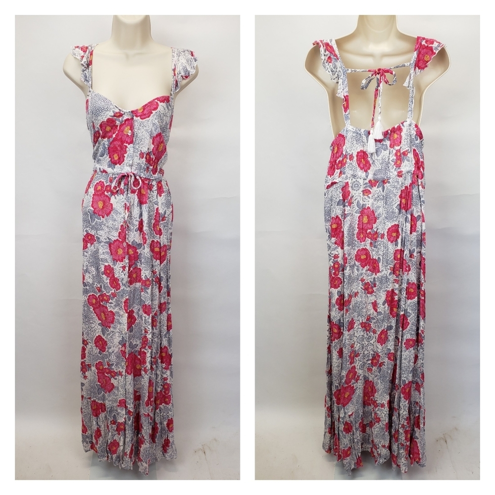 Torrid Floral Tiered Ruffle Strap V Neck Maxi Dress Gray Pink Size 00